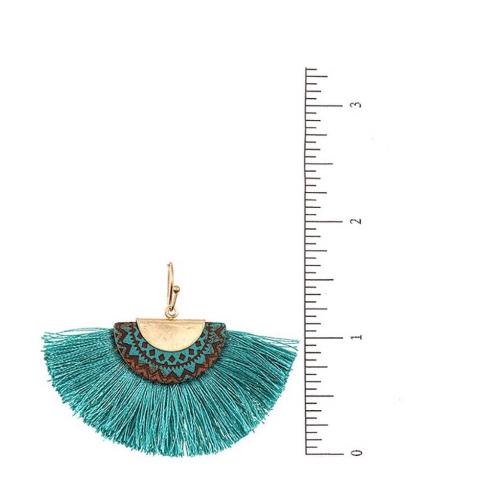 Turquoise Tribal Etched Fan Tassel Earrings - Picture 2 of 2